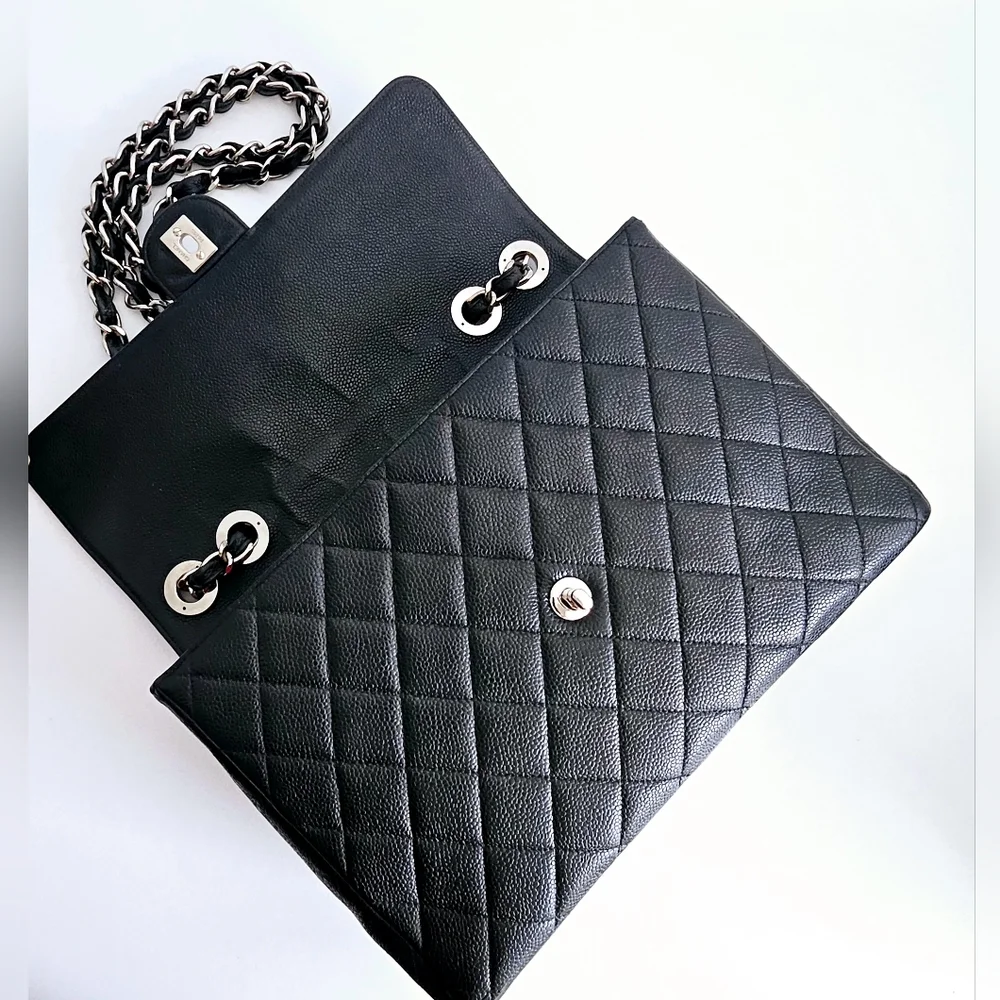 Chanel Black Quilted Caviar Leather Classic Jumbo Single Flap Bag